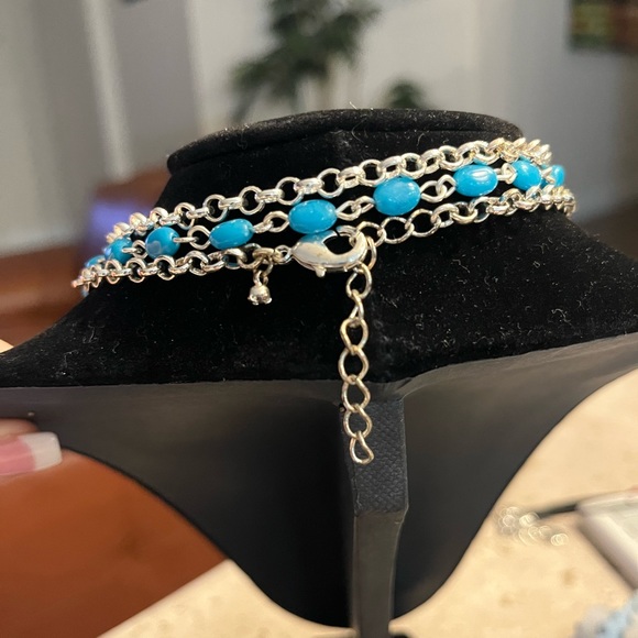 Faux turquoise and silver double strand long necklace - Picture 2 of 5